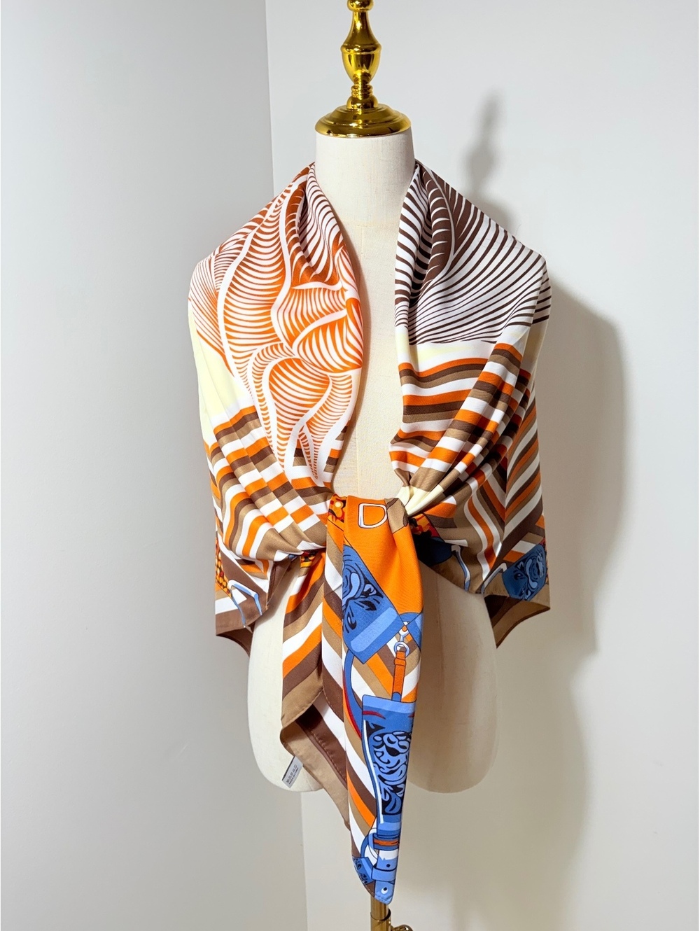 Elegant Horse Print Polyester Scarf with Brown, Orange, Blue Stripes